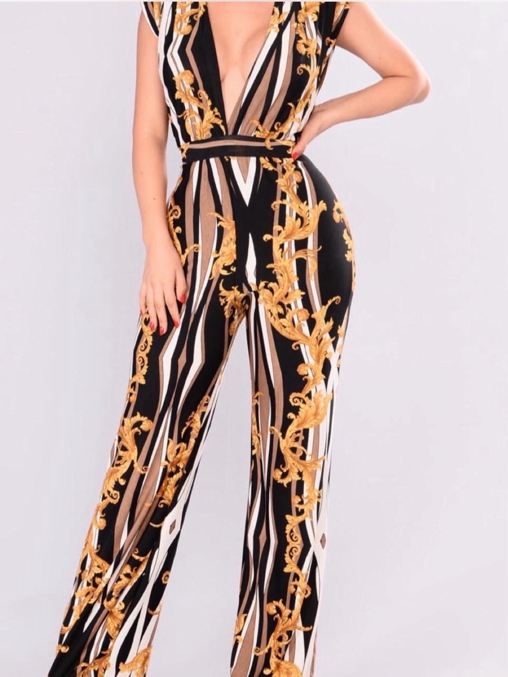 Fashion Nova Black & Gold Baroque Plunge Jumpsuit